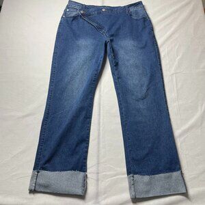 HME Womens Blue Denim Cuffed Hem Asymmetric Button Straight Jeans Size 2XL